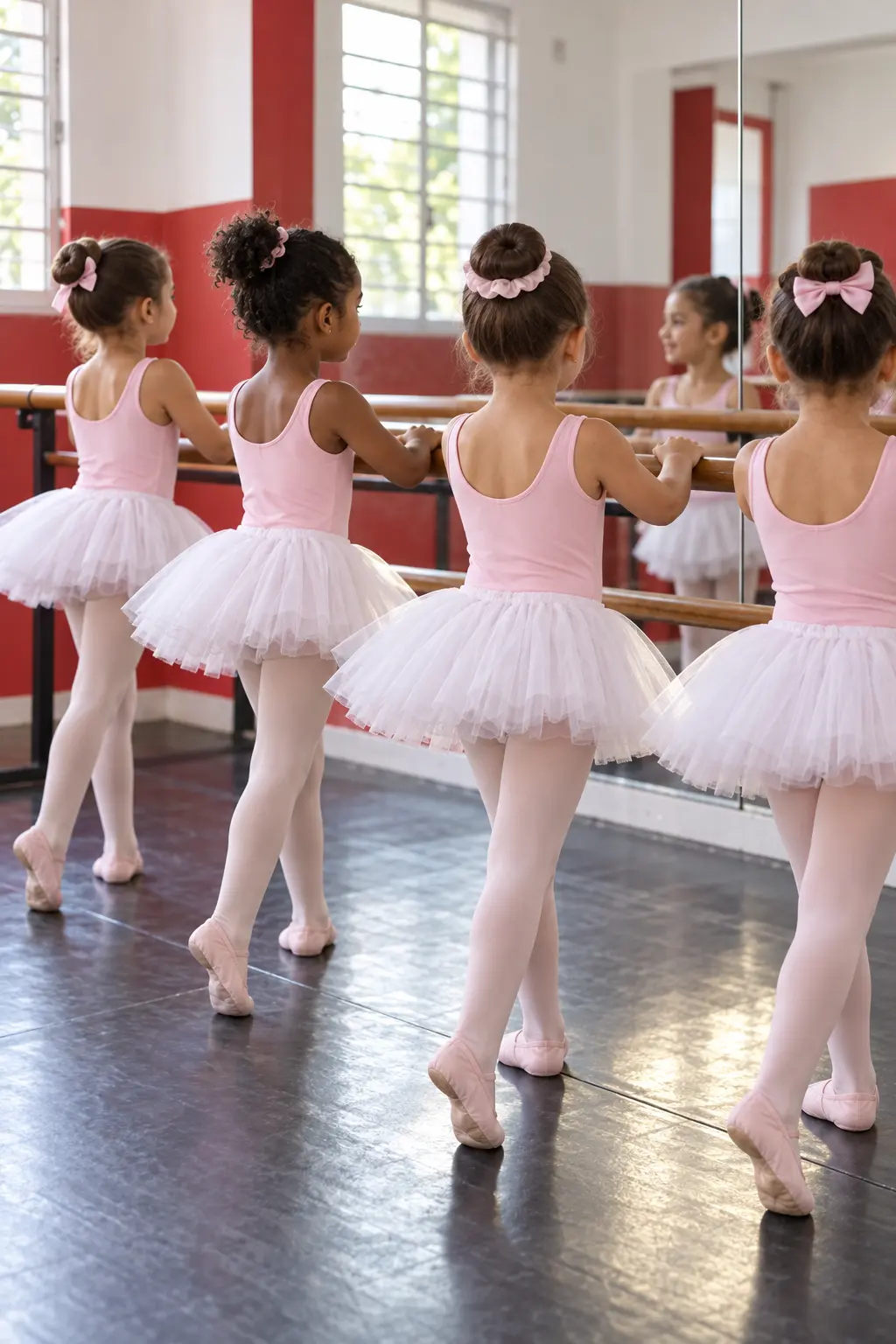 Meninas em aula de ballet na barra, de collant rosa e tutu