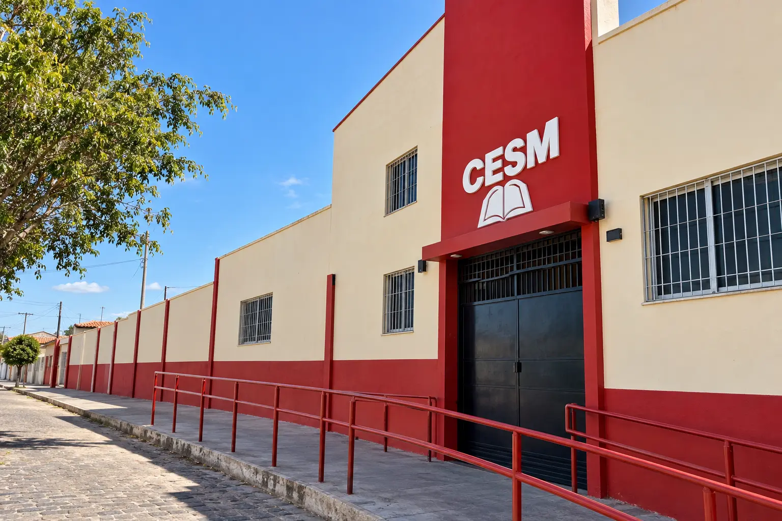 Fachada do CESM, prédio vermelho e creme com o letreiro da escola, em Muribeca