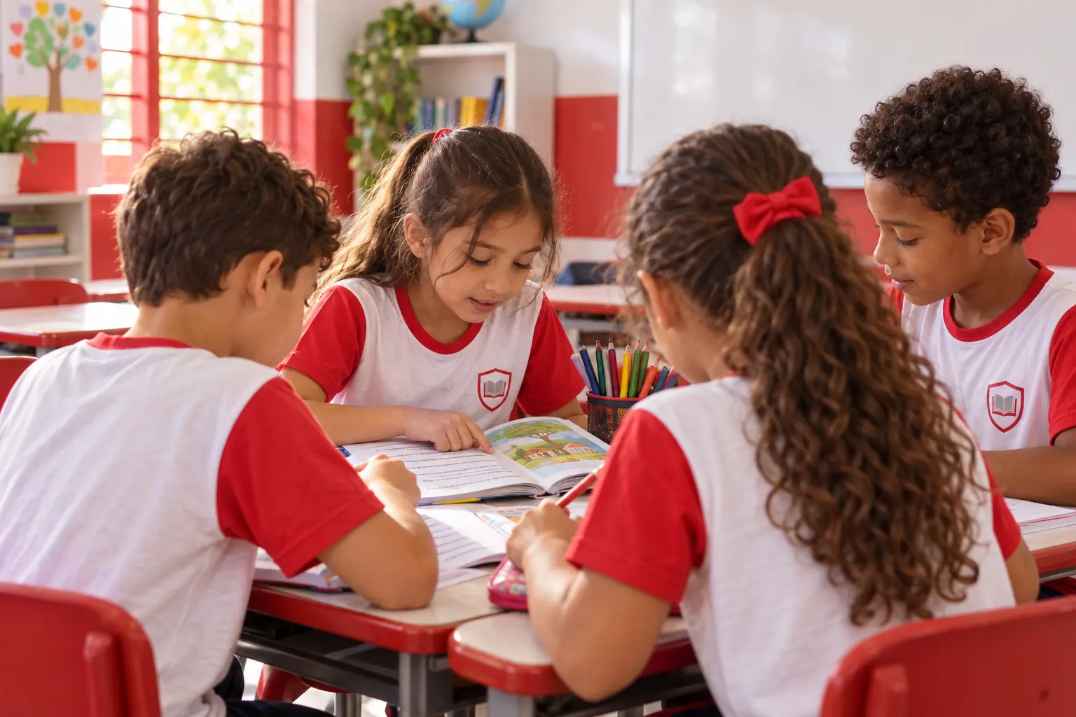 Alunos com camiseta vermelha e branca lendo juntos em sala de aula